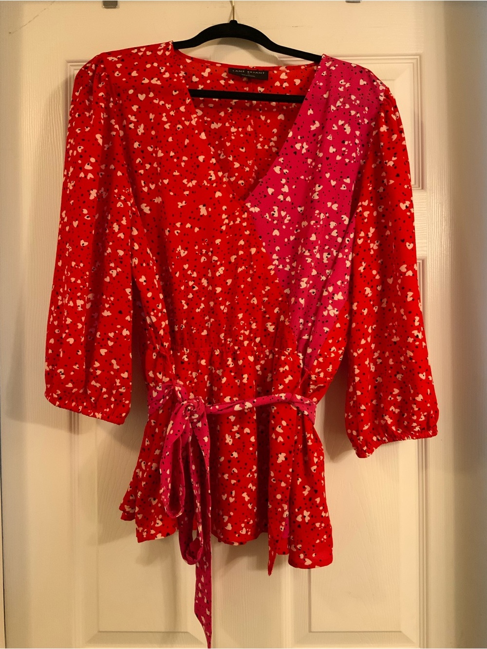 Lane Bryant red & pink heart print faux wrap blouse with 3/4 sleeves